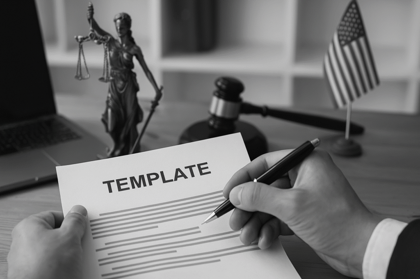 Grayscale image of a professional reviewing a document labeled “TEMPLATE” beside a laptop and justice-themed props—symbolizing how templates helped our clients move faster.