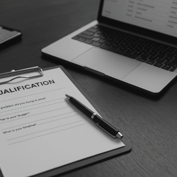 Grayscale photo of a lead qualification form on a desk with a pen, laptop, and phone—symbolizing how to qualify leads before a sales call.