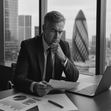 A grayscale photograph of a businessman reviewing ESG data at a conference table, symbolizing the question “Is ESG costing us or saving us?”