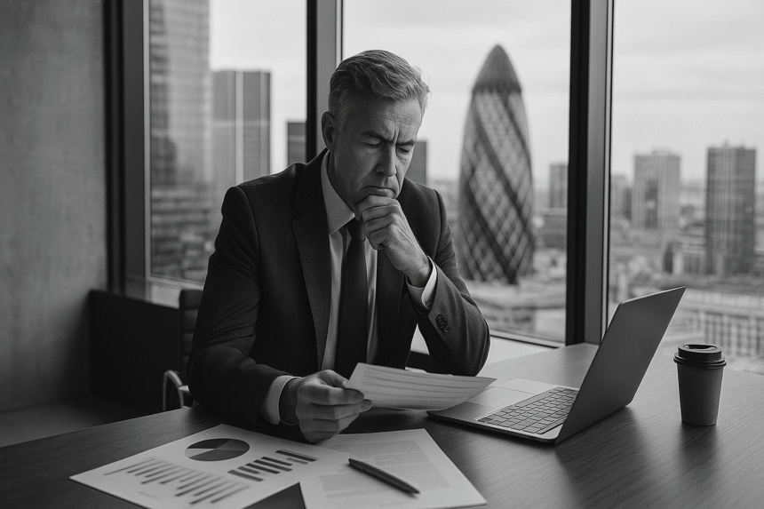 A grayscale photograph of a businessman reviewing ESG data at a conference table, symbolizing the question “Is ESG costing us or saving us?”