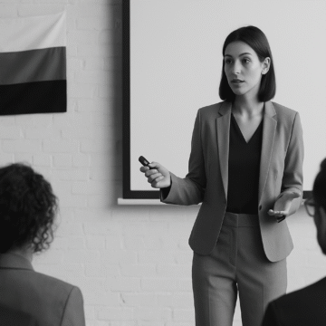 Ivelina Dineva Pre-Seed Programs for Founders delivering a startup talk in a grayscale professional setting with the Bulgarian flag in the background
