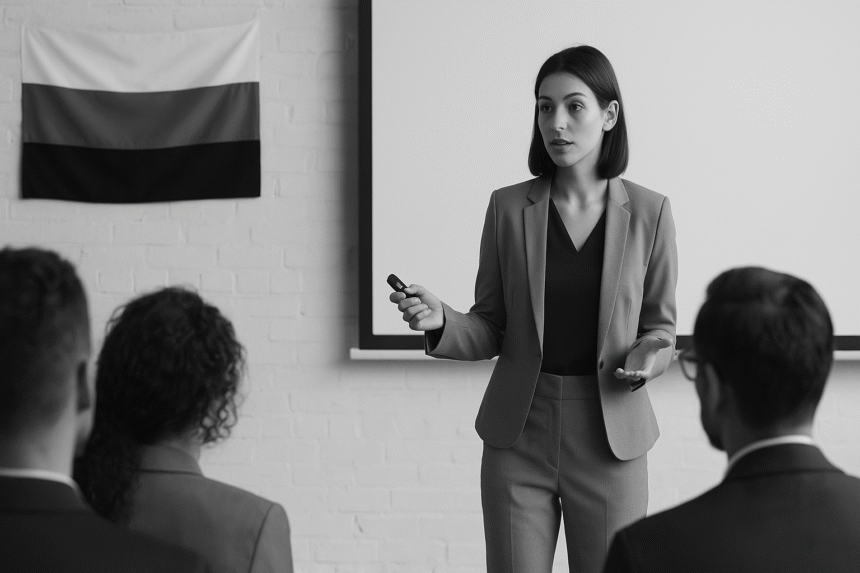 Ivelina Dineva Pre-Seed Programs for Founders delivering a startup talk in a grayscale professional setting with the Bulgarian flag in the background