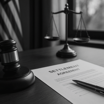 Settlement agreement, gavel, and justice scales in a legal office illustrating questions to ask before accepting a settlement draft