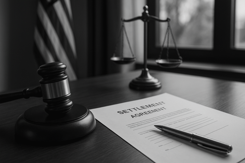 Settlement agreement, gavel, and justice scales in a legal office illustrating questions to ask before accepting a settlement draft