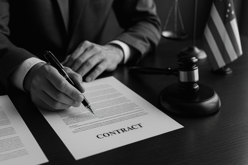 Close-up of a lawyer comparing printed agreements using legal AI contract analysis tools in a modern office setting.