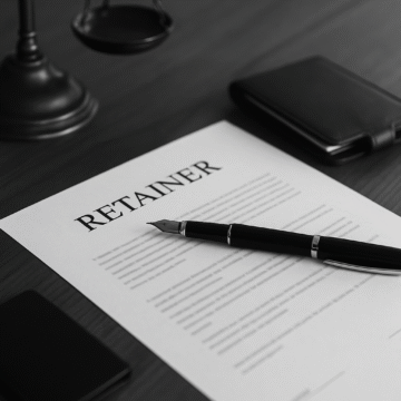 Retainer agreement and legal tools on desk representing legal client retainers and business-law service contracts
