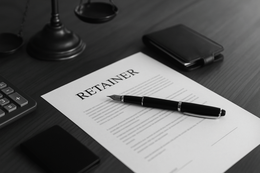 Retainer agreement and legal tools on desk representing legal client retainers and business-law service contracts