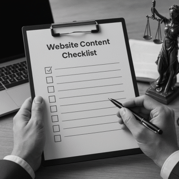 A lawyer reviewing a website content checklist for a legal practice at her desk, with a laptop and legal documents in grayscale.
