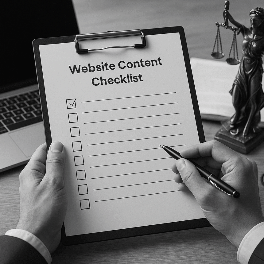A lawyer reviewing a website content checklist for a legal practice at her desk, with a laptop and legal documents in grayscale.
