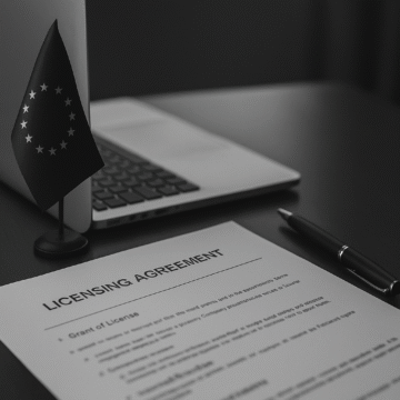 Grayscale image of a licensing agreement template for third-party course content on a desk.