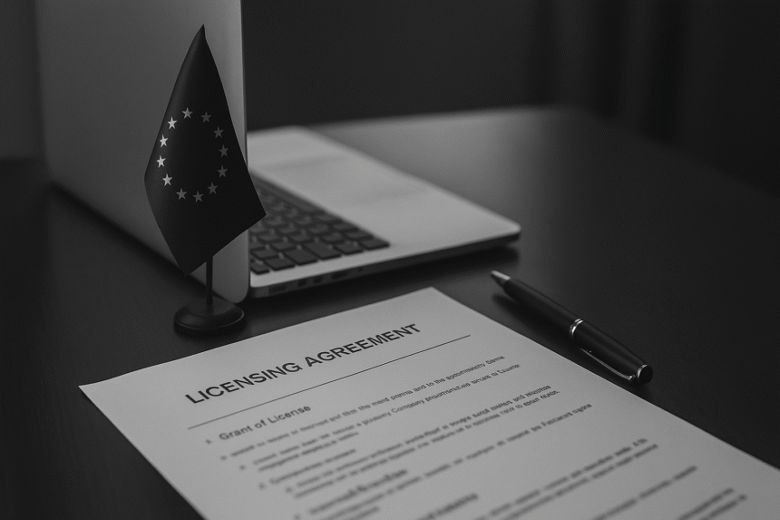 Grayscale image of a licensing agreement template for third-party course content on a desk.