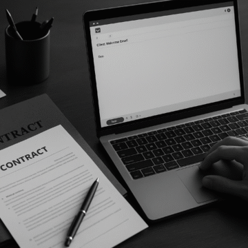 Black and white photo of a professional desk setup for writing a client welcome email, including a laptop, notepad, and pen in clean composition.