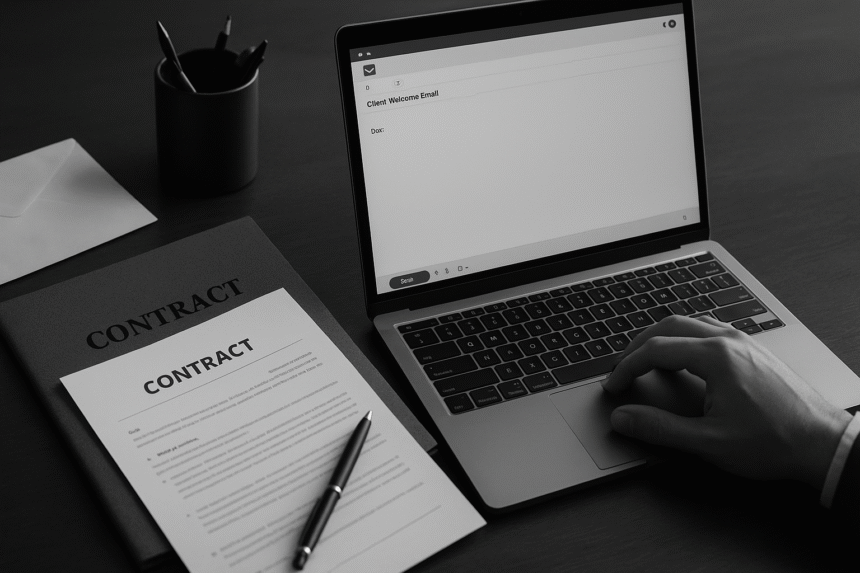 Black and white photo of a professional desk setup for writing a client welcome email, including a laptop, notepad, and pen in clean composition.