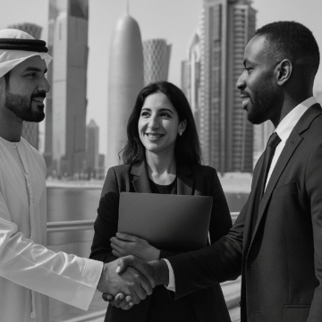 Three professionals discussing MENA fintech funding in a modern Gulf-region office, reflecting cross-border financial collaboration and innovation.