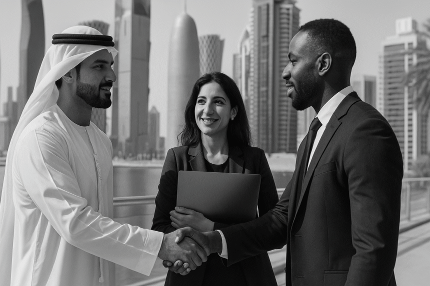 Three professionals discussing MENA fintech funding in a modern Gulf-region office, reflecting cross-border financial collaboration and innovation.