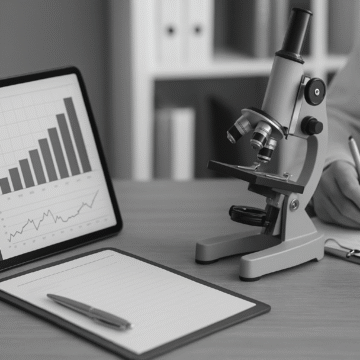 Medical device workspace with data charts, microscope, and clipboard symbolizing post-market surveillance activities in compliance and safety monitoring