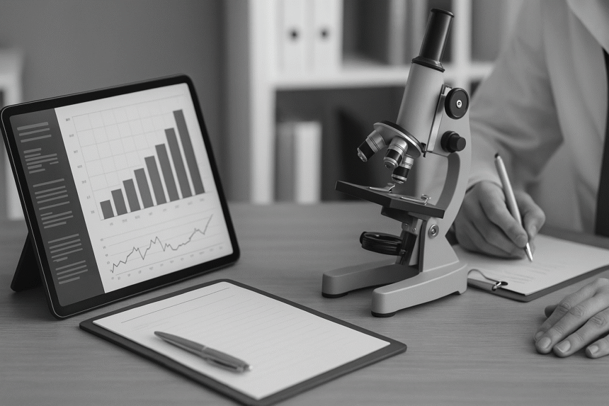 Medical device workspace with data charts, microscope, and clipboard symbolizing post-market surveillance activities in compliance and safety monitoring