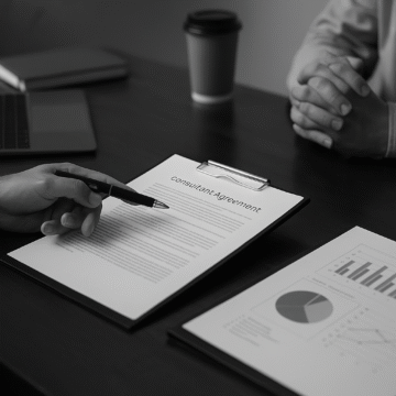 Grayscale photo of a consultant agreement discussion between a course instructor and client in a modern office.