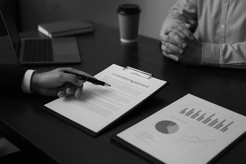 Grayscale photo of a consultant agreement discussion between a course instructor and client in a modern office.