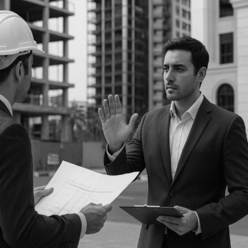 Two professionals negotiating site access with a real estate developer, reviewing plans at a construction site to finalize infrastructure coordination.