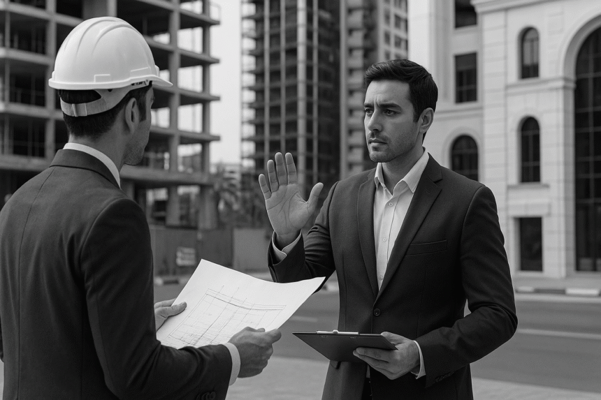 Two professionals negotiating site access with a real estate developer, reviewing plans at a construction site to finalize infrastructure coordination.