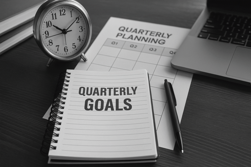 Quarterly goal setting session in a modern office, showing strategic alignment and planning among business professionals