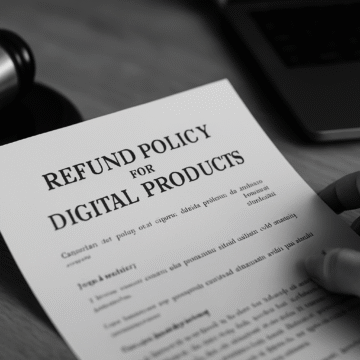 Grayscale image showing a refund policy template for digital products on a desk beside a tablet and glasses.