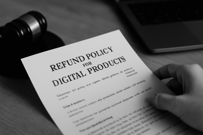 Grayscale image showing a refund policy template for digital products on a desk beside a tablet and glasses.