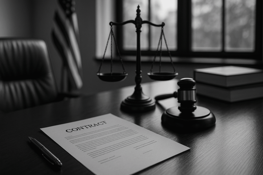 Professional legal desk with contract, gavel, and justice scales representing business models service providers can use to scale