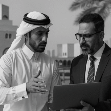 Two Gulf businessmen discussing Sharia-compliant BNPL strategy in Doha with modern architecture behind them.