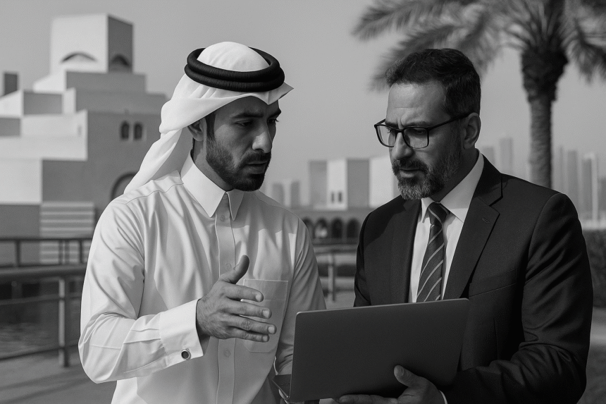Two Gulf businessmen discussing Sharia-compliant BNPL strategy in Doha with modern architecture behind them.