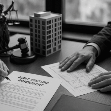 Real estate professionals signing a joint venture agreement with building plans, symbolizing legal issues in real estate joint venture agreements