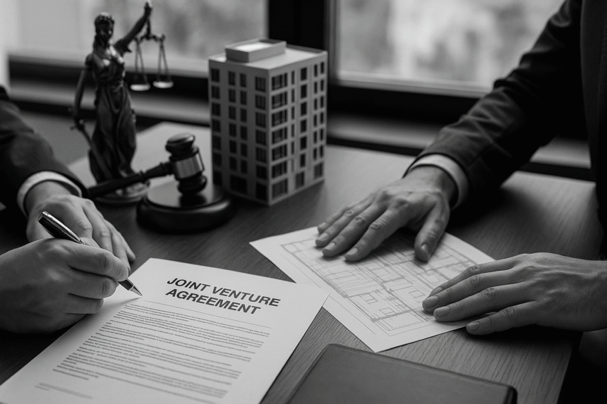 Real estate professionals signing a joint venture agreement with building plans, symbolizing legal issues in real estate joint venture agreements