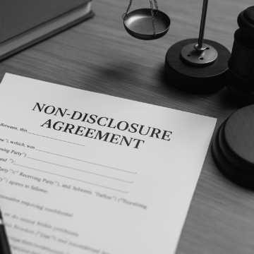 A grayscale image of a simple NDA for freelancers and consultants placed on a wooden desk beside a pen and laptop, symbolizing contract protection and confidentiality in freelance work.
