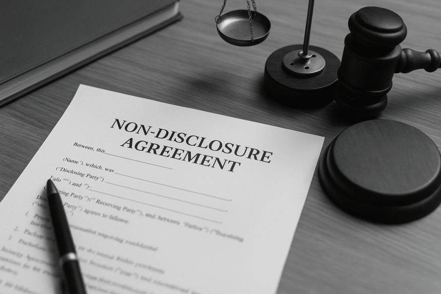 A grayscale image of a simple NDA for freelancers and consultants placed on a wooden desk beside a pen and laptop, symbolizing contract protection and confidentiality in freelance work.