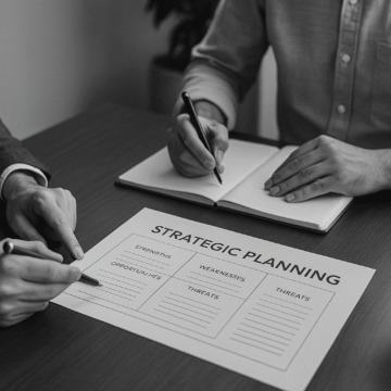 Two professionals engaged in strategic planning for small businesses, reviewing documents and a planning sheet at a desk with a Turkish flag in view.