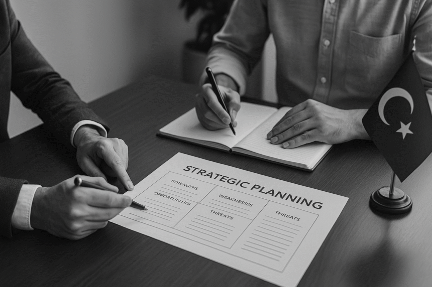 Two professionals engaged in strategic planning for small businesses, reviewing documents and a planning sheet at a desk with a Turkish flag in view.