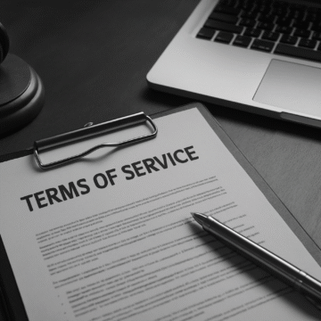 Terms of Service document with pen, gavel, and laptop on desk – focus keyword: terms of service agreement.