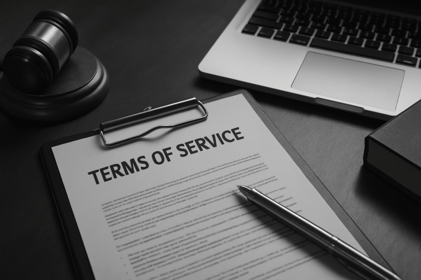 Terms of Service document with pen, gavel, and laptop on desk – focus keyword: terms of service agreement.