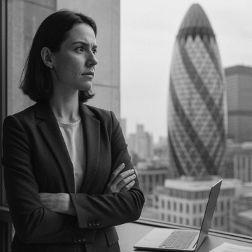 A grayscale photograph of a woman sitting at a desk in a modern office, reflecting the human impact of overcomplicated ESG job descriptions—highlighting the mismatch between expectations and reality in sustainability roles.