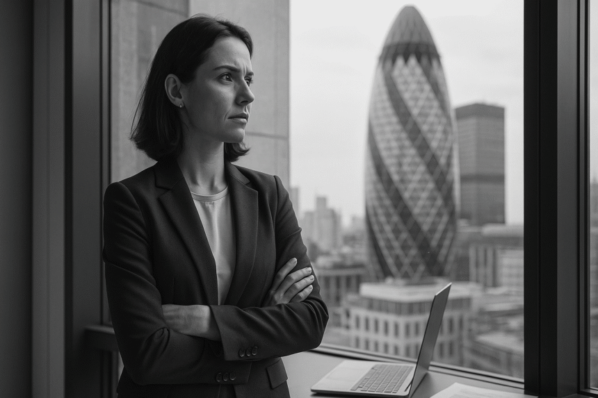 A grayscale photograph of a woman sitting at a desk in a modern office, reflecting the human impact of overcomplicated ESG job descriptions—highlighting the mismatch between expectations and reality in sustainability roles.