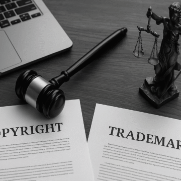 Legal scene illustrating the difference between trademark and a copyright.