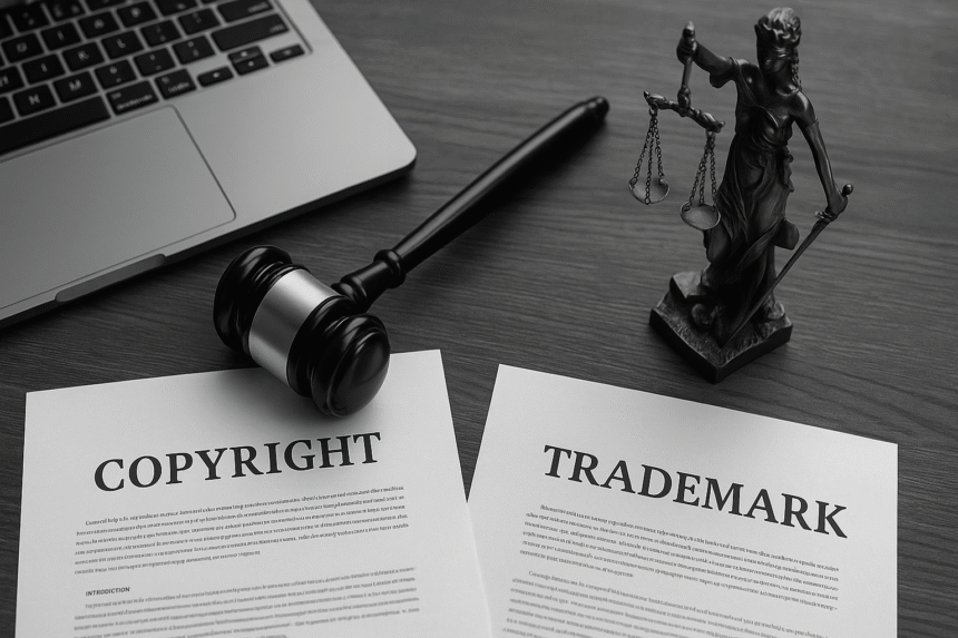 Legal scene illustrating the difference between trademark and a copyright.