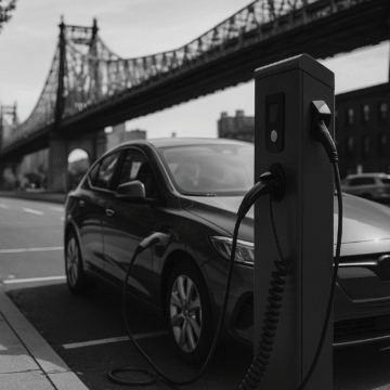 A grayscale photograph showing a public EV charging station symbolizing a Public-Private Partnership for EV Infrastructure.