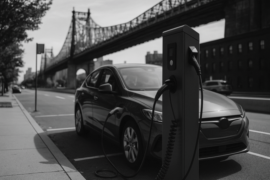 A grayscale photograph showing a public EV charging station symbolizing a Public-Private Partnership for EV Infrastructure.