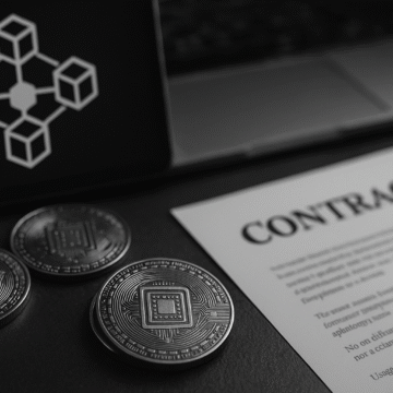 Utility token coins with blockchain symbol and contract representing access rights in decentralized applications