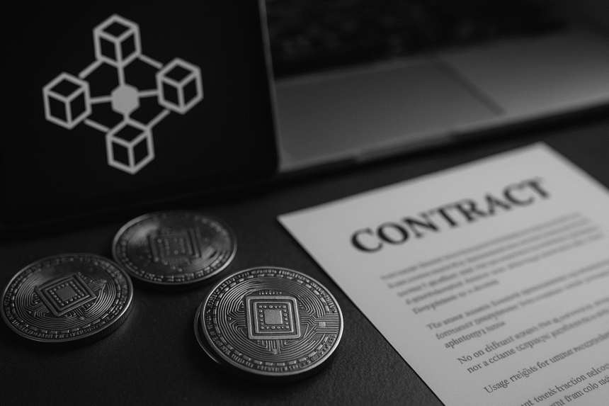 Utility token coins with blockchain symbol and contract representing access rights in decentralized applications
