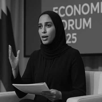 A grayscale image of a Middle Eastern woman speaking confidently at a forum on vision to execution Qatar, seated with documents in hand, with a Qatari flag and “Economic Forum 2025” screen in the background.