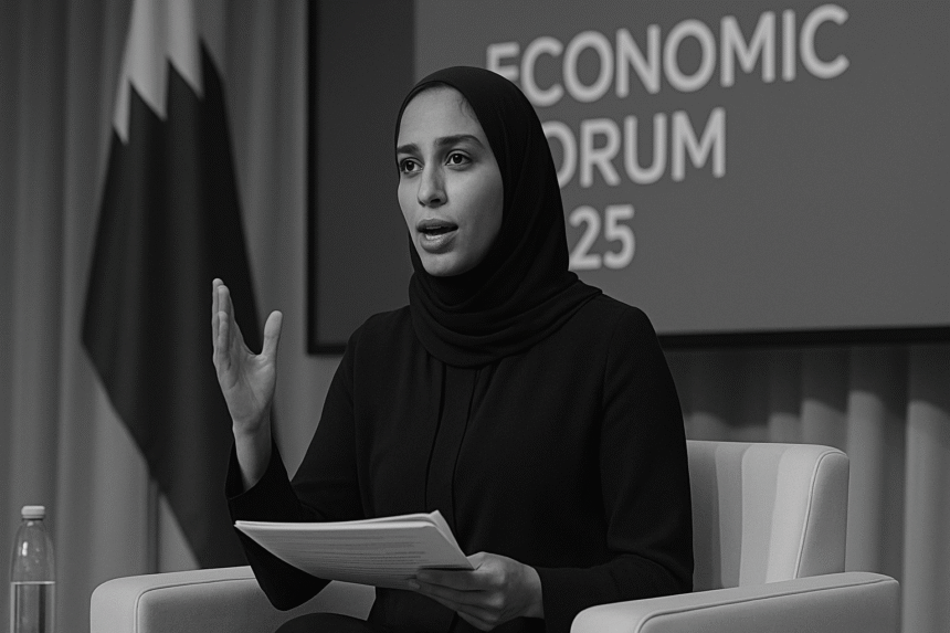 A grayscale image of a Middle Eastern woman speaking confidently at a forum on vision to execution Qatar, seated with documents in hand, with a Qatari flag and “Economic Forum 2025” screen in the background.