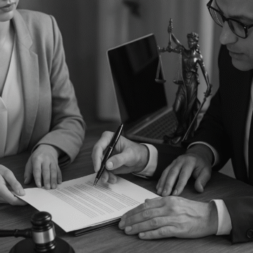 A grayscale image of two professionals reviewing and signing a legal document in a formal setting, symbolizing careful legal review when signing with a guest instructor.